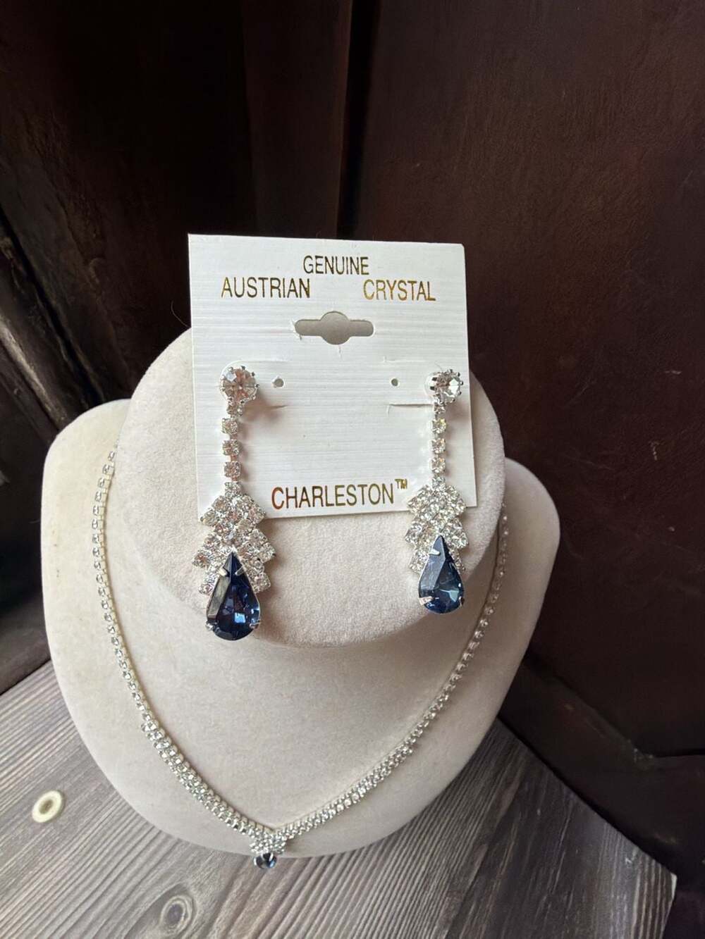 Vintage Charleston Genuine Austrian Crystal Blue Teardrop Rhinestone Necklace An